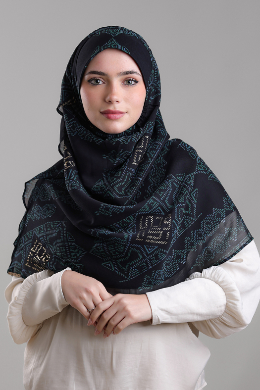 Bibi Khanym Black - Printed Plus Crinkled Chiffon with Foil