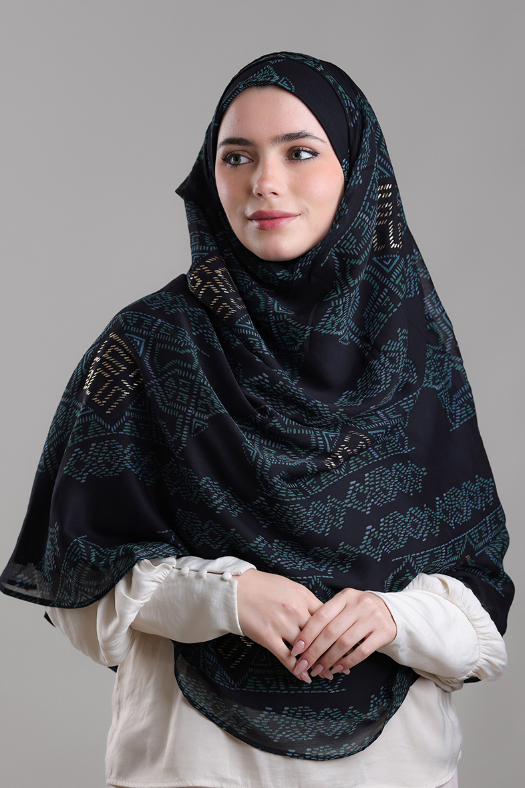 Bibi Khanym Black - Printed Plus Crinkled Chiffon with Foil
