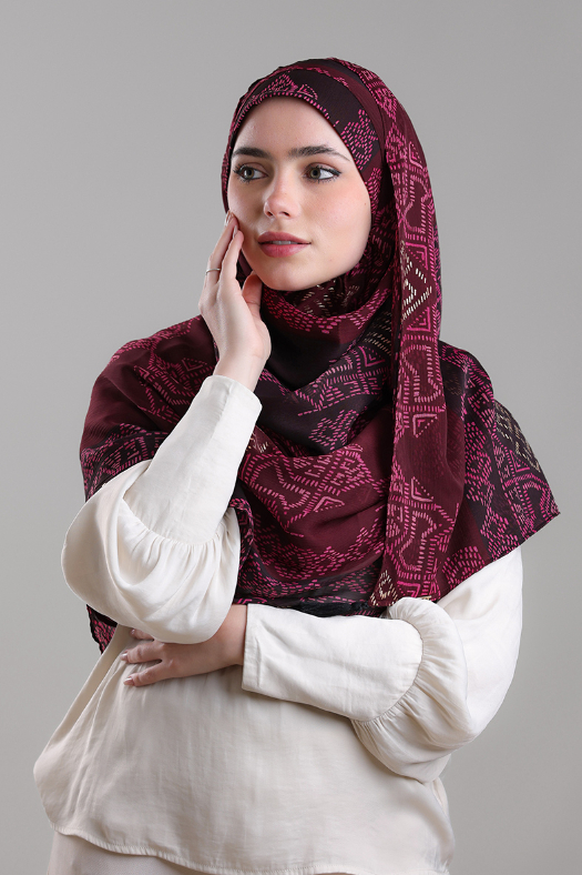 Bibi Khanym Maroon - Printed Plus Crinkled Chiffon with Foil