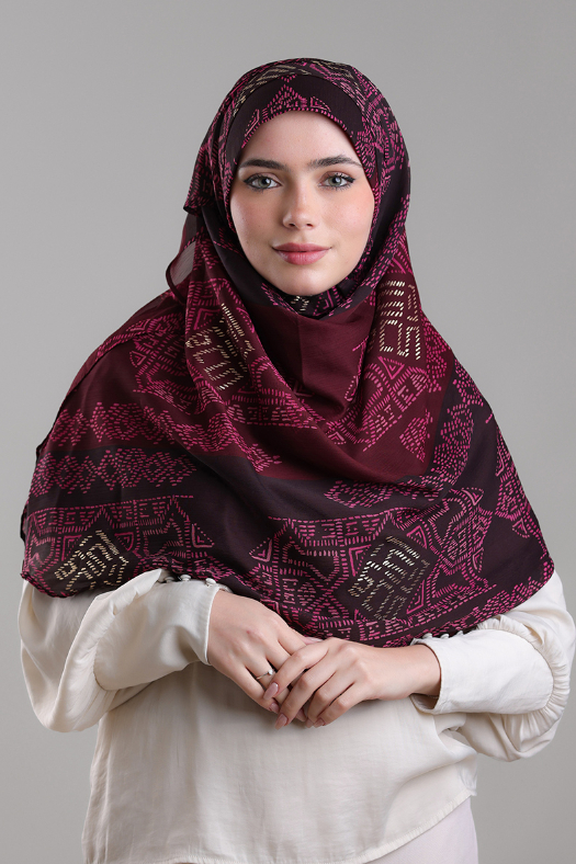 Bibi Khanym Maroon - Printed Plus Crinkled Chiffon with Foil