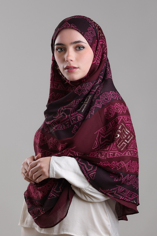 Bibi Khanym Maroon - Printed Plus Crinkled Chiffon with Foil