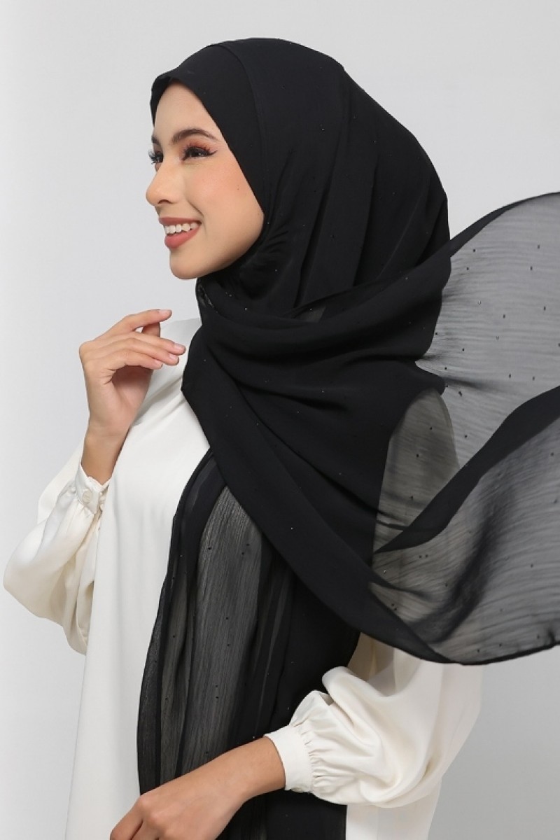 Black - Plain Crinkled Chiffon Crystals