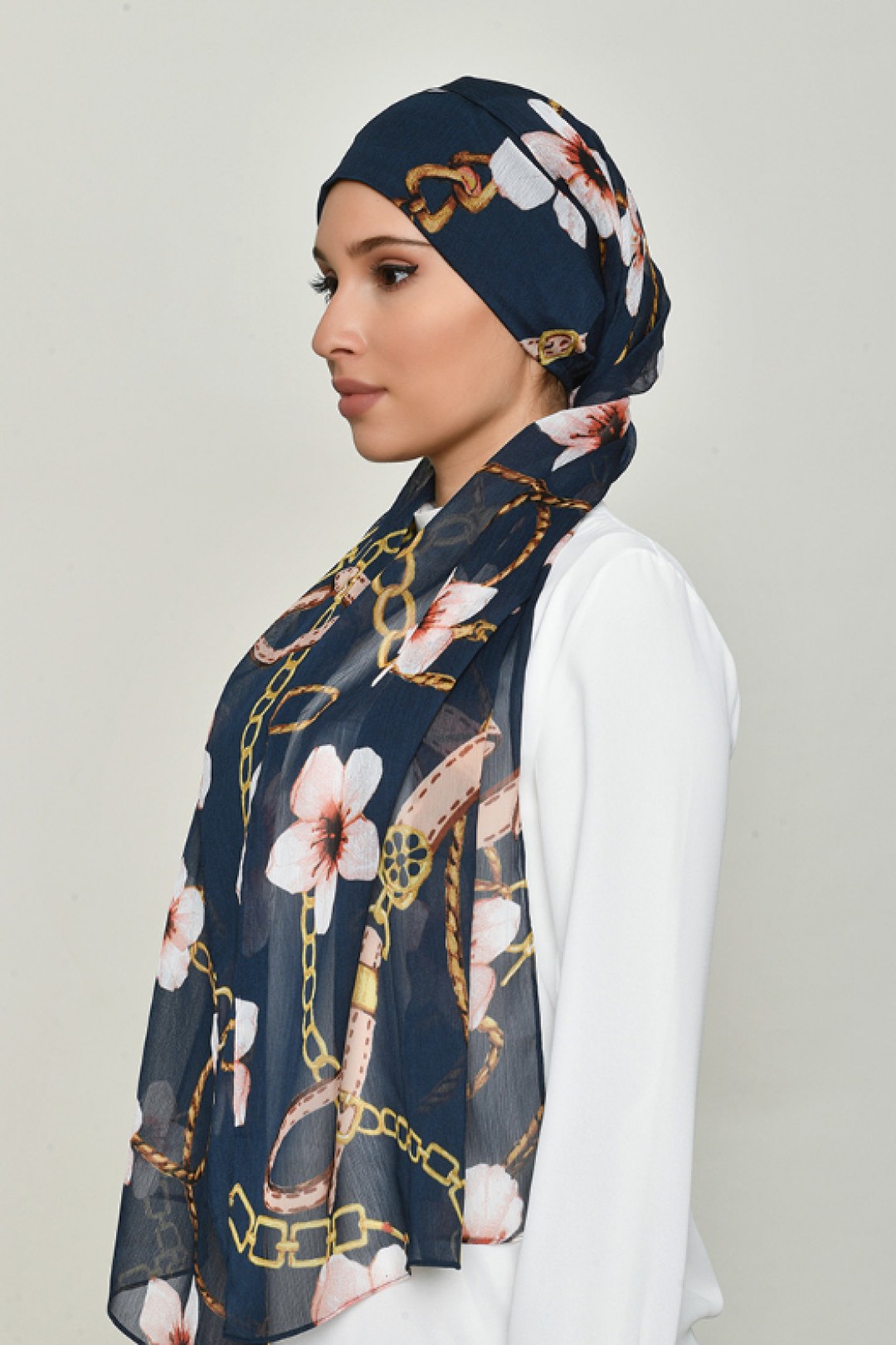 Blossom Navy - Printed Crinkled Chiffon