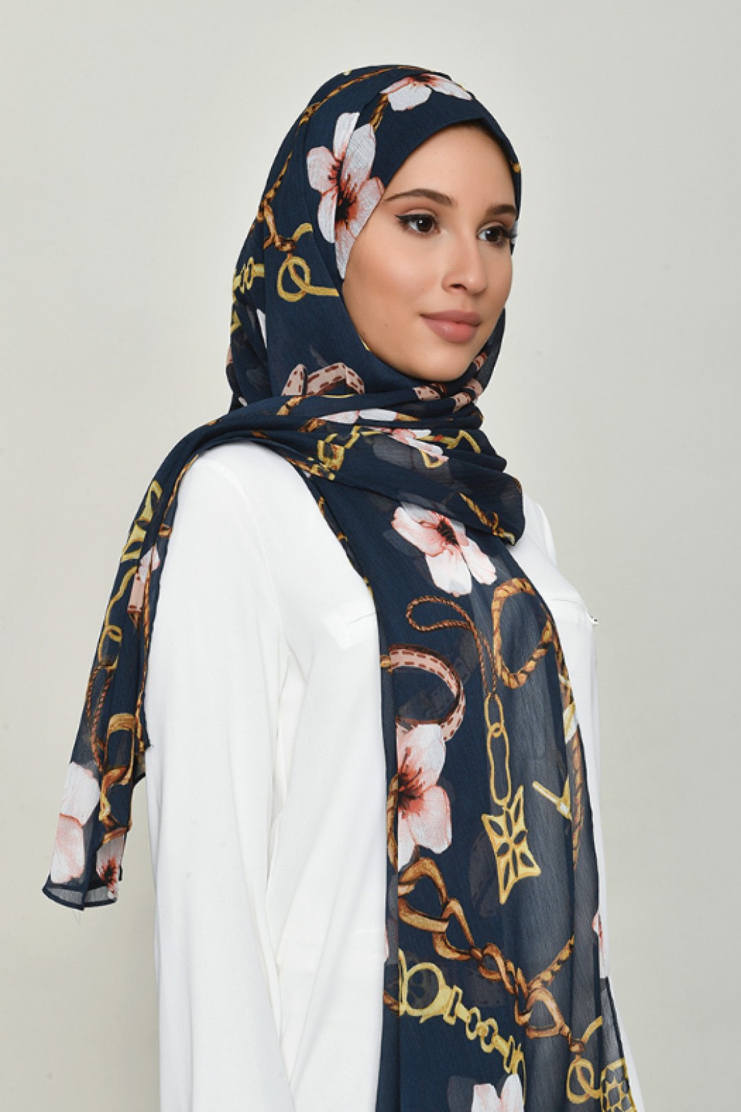 Blossom Navy - Printed Crinkled Chiffon