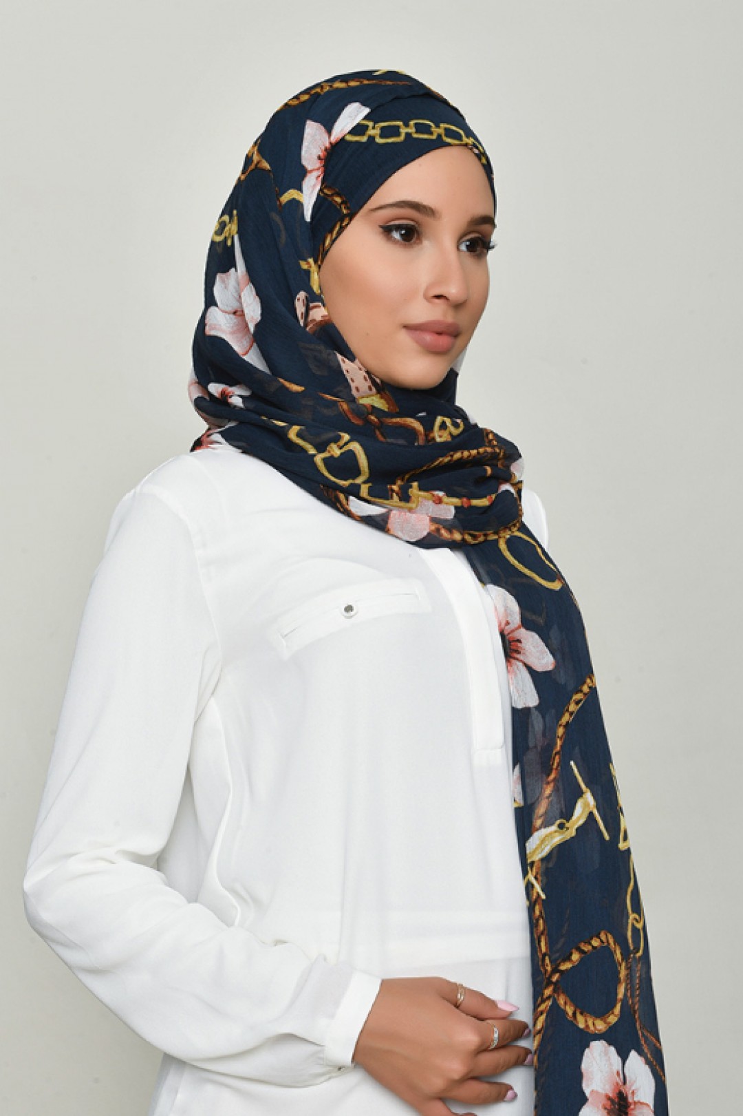 Blossom Navy - Printed Crinkled Chiffon