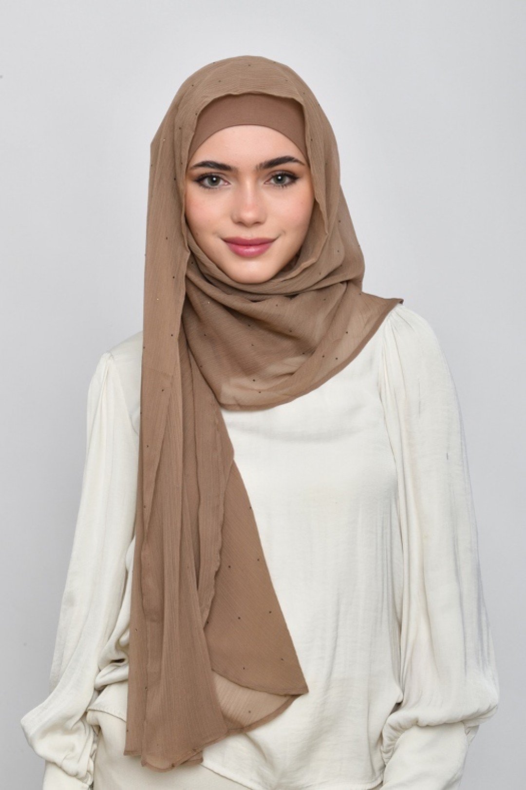 Greige - Plain Crinkled Chiffon Crystals