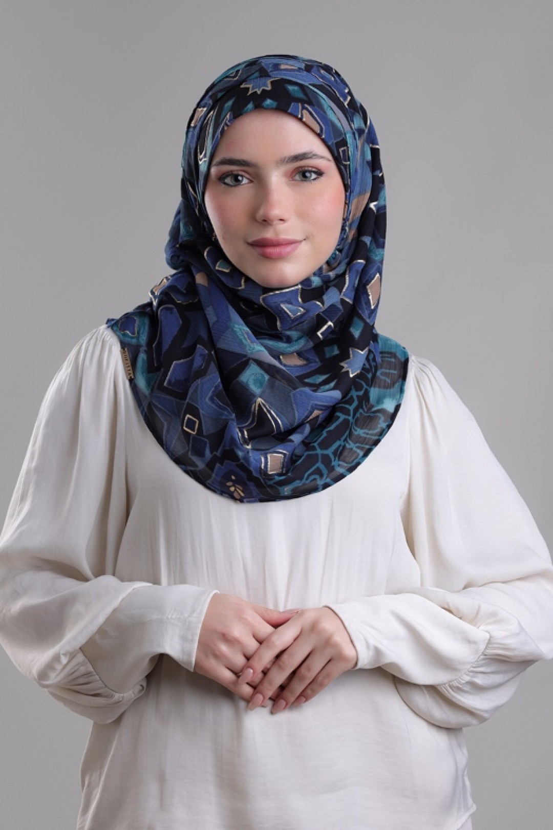 Hassan II Azure - Printed Plus Crinkled Chiffon with Foil
