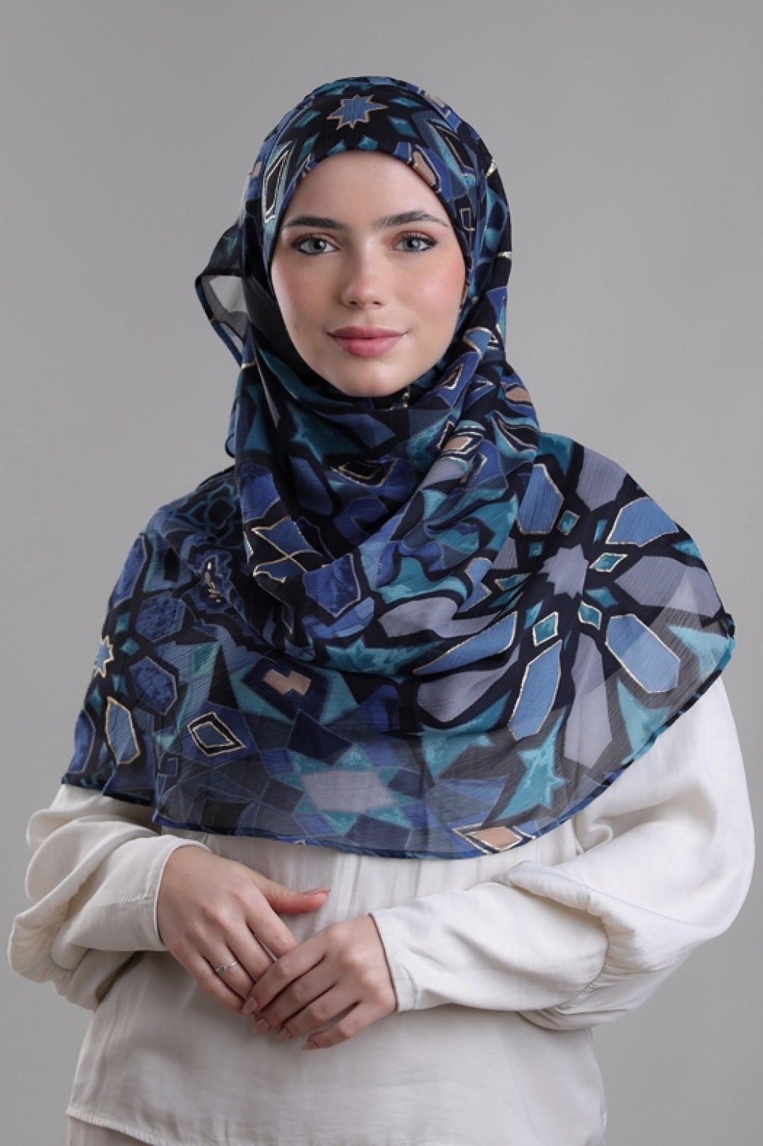 Hassan II Azure - Printed Plus Crinkled Chiffon with Foil