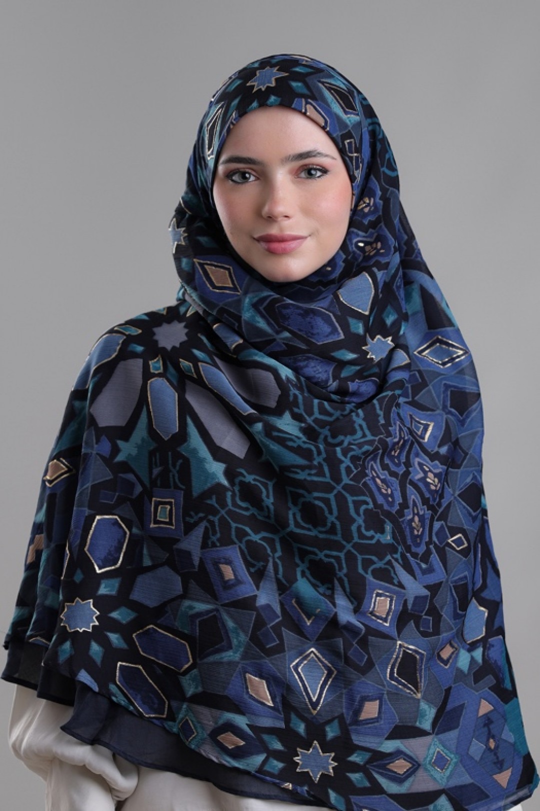 Hassan II Azure - Printed Plus Crinkled Chiffon with Foil