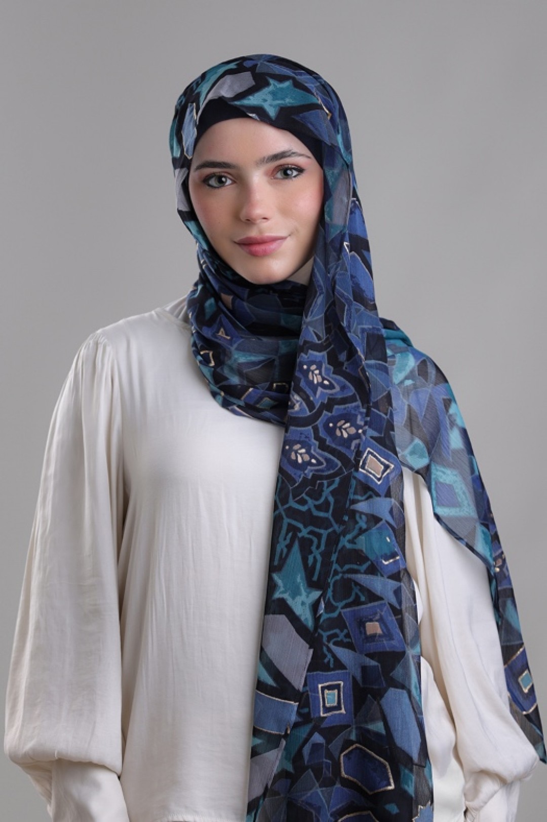 Hassan II Azure - Printed Plus Crinkled Chiffon with Foil