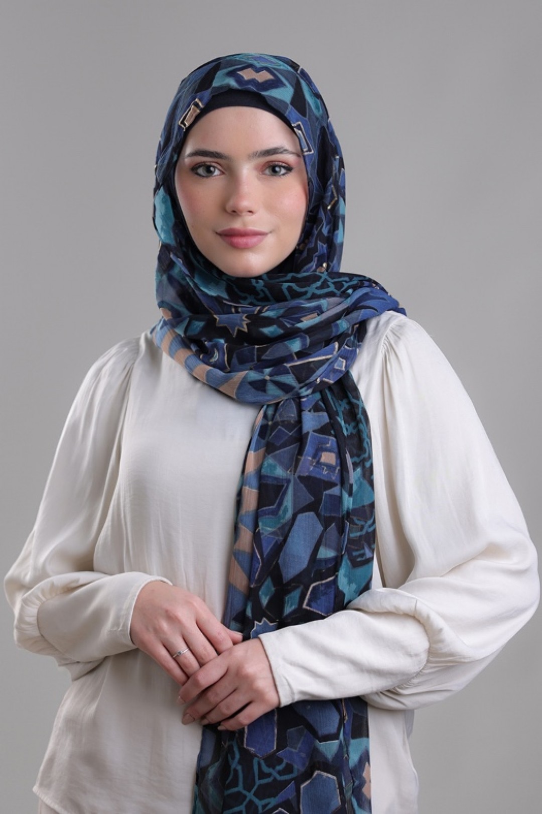 Hassan II Azure - Printed Plus Crinkled Chiffon with Foil