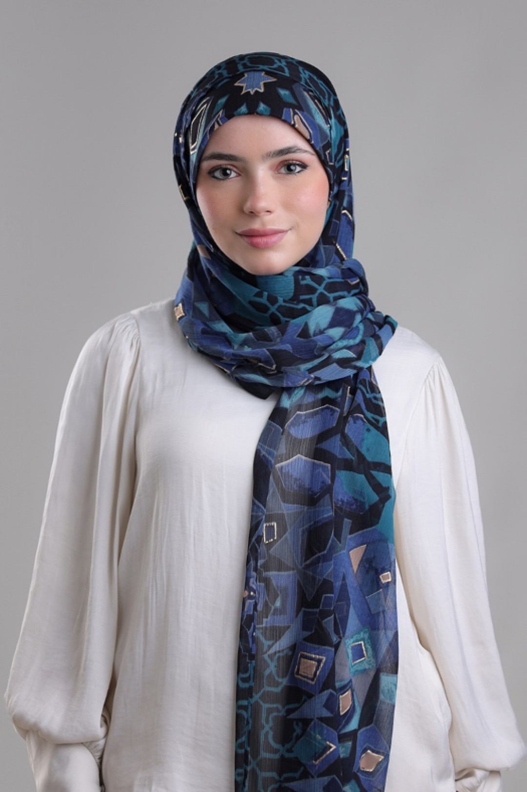 Hassan II Azure - Printed Plus Crinkled Chiffon with Foil
