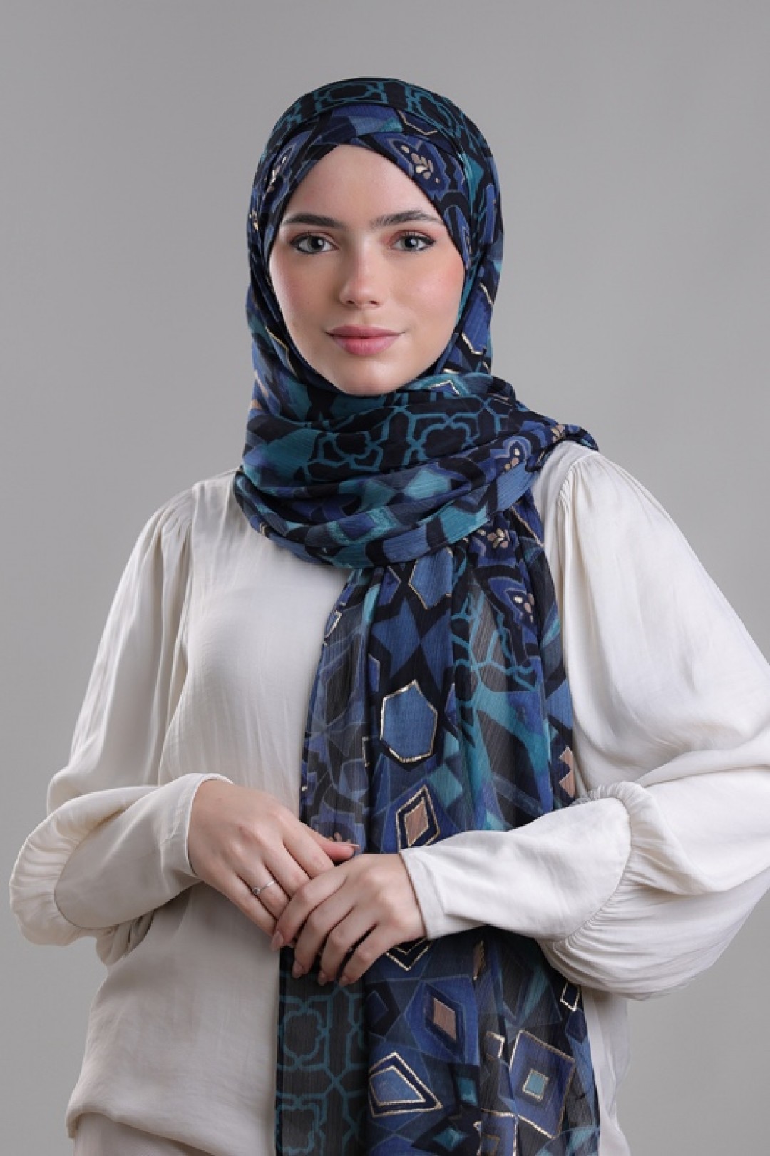 Hassan II Azure - Printed Plus Crinkled Chiffon with Foil