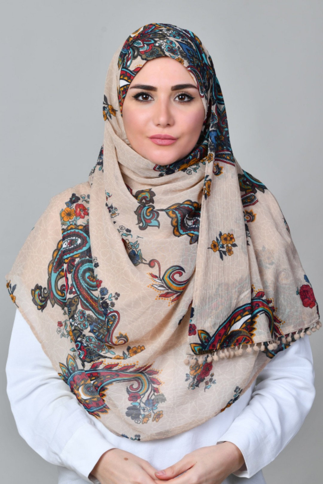 Kashmir Tan - Printed With Pompoms Mosaic Chiffon