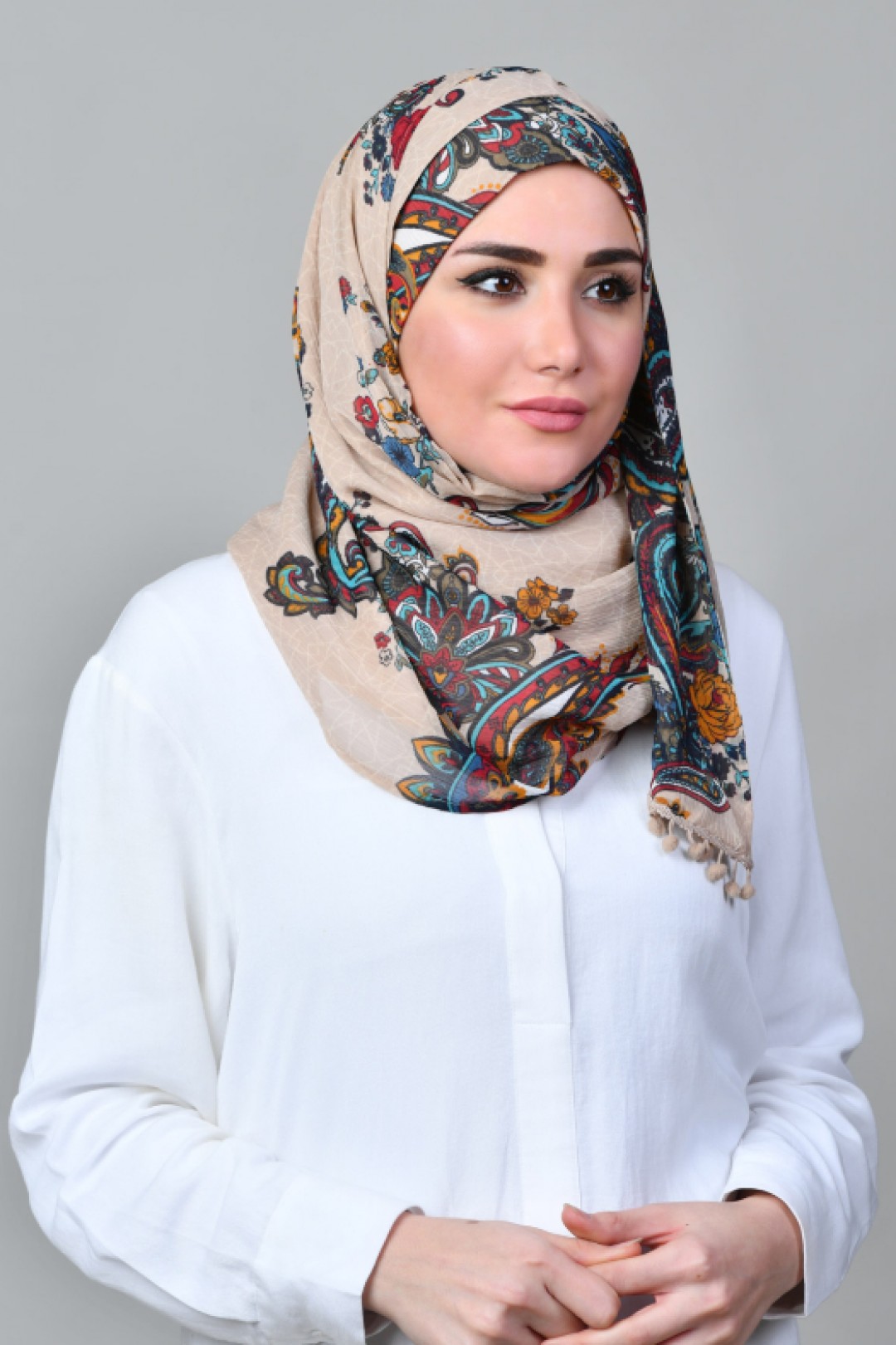 Kashmir Tan - Printed With Pompoms Mosaic Chiffon