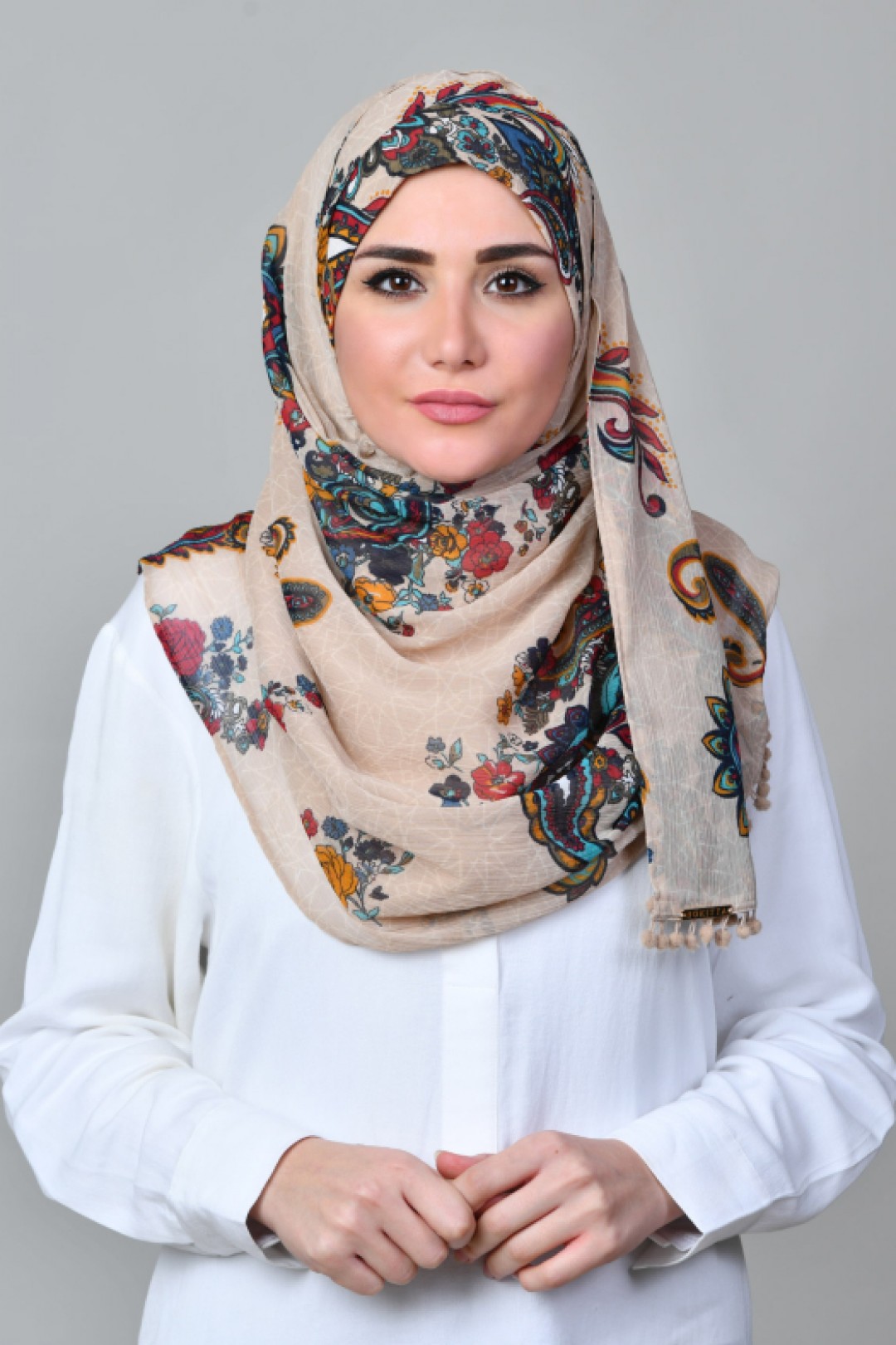 Kashmir Tan - Printed With Pompoms Mosaic Chiffon