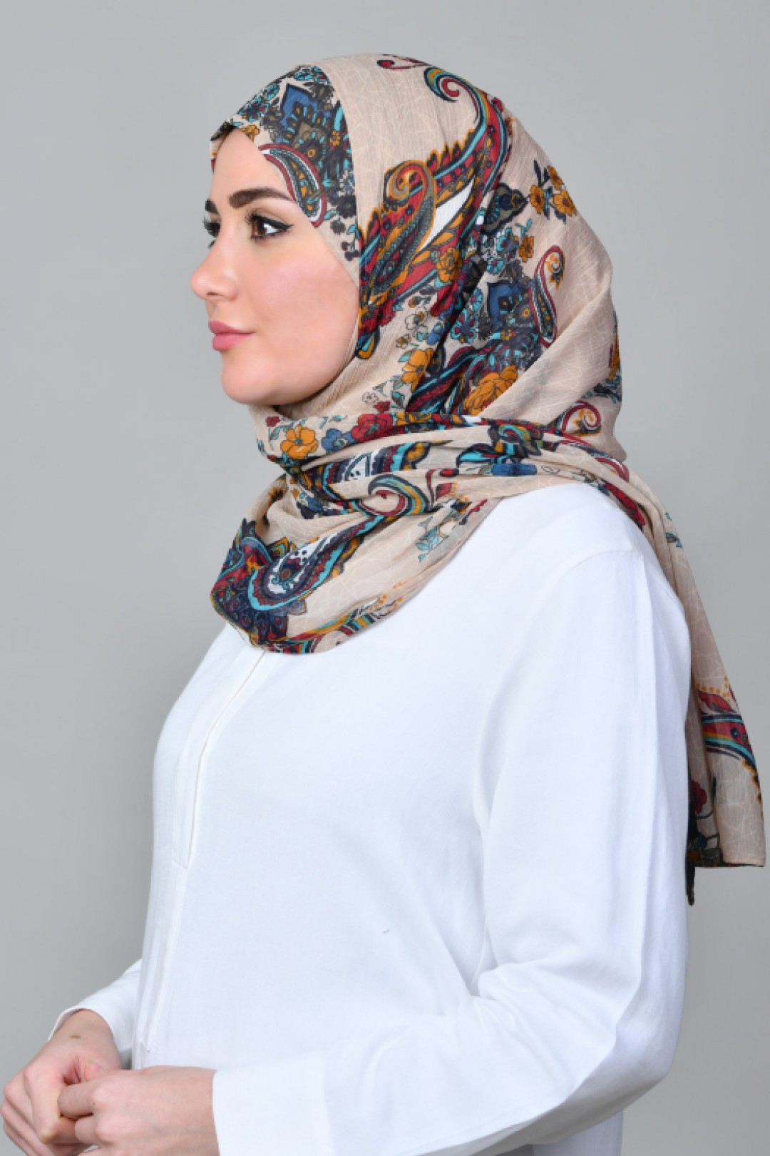 Kashmir Tan - Printed With Pompoms Mosaic Chiffon