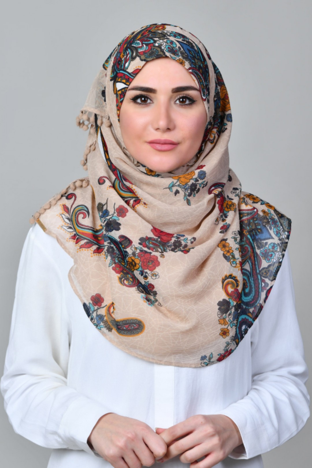 Kashmir Tan - Printed With Pompoms Mosaic Chiffon