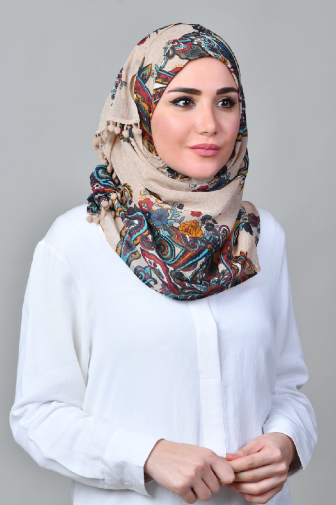 Kashmir Tan - Printed With Pompoms Mosaic Chiffon