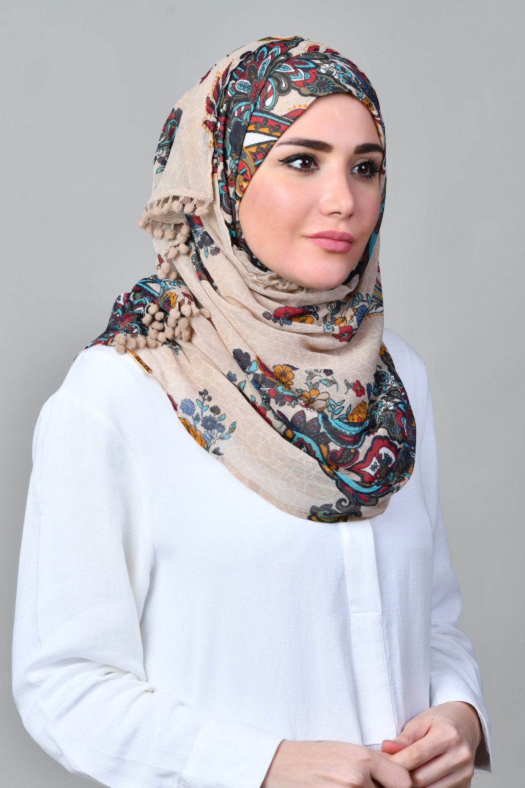 Kashmir Tan - Printed With Pompoms Mosaic Chiffon