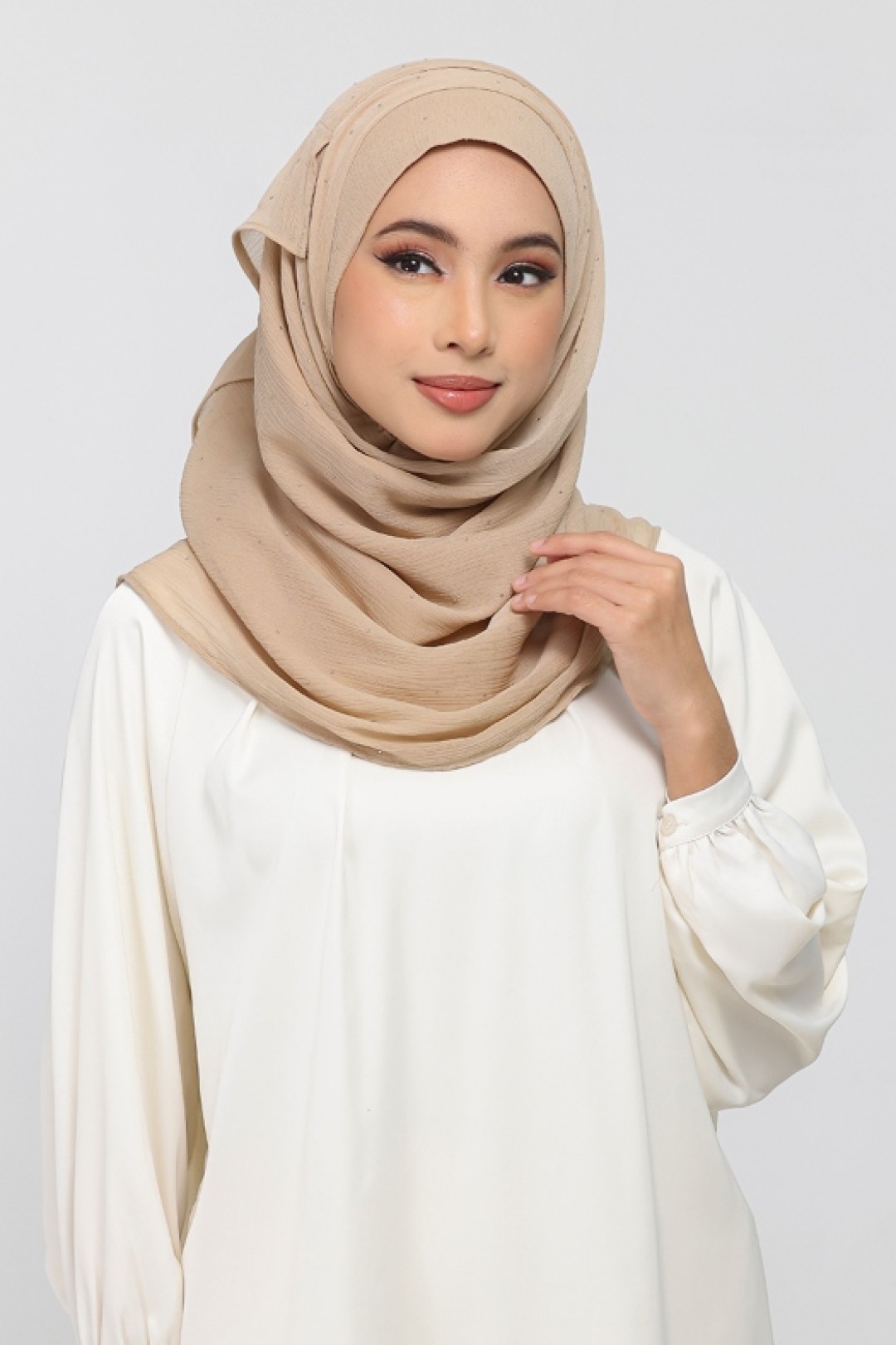 Neutral Beige - Plain Crinkled Chiffon Crystals