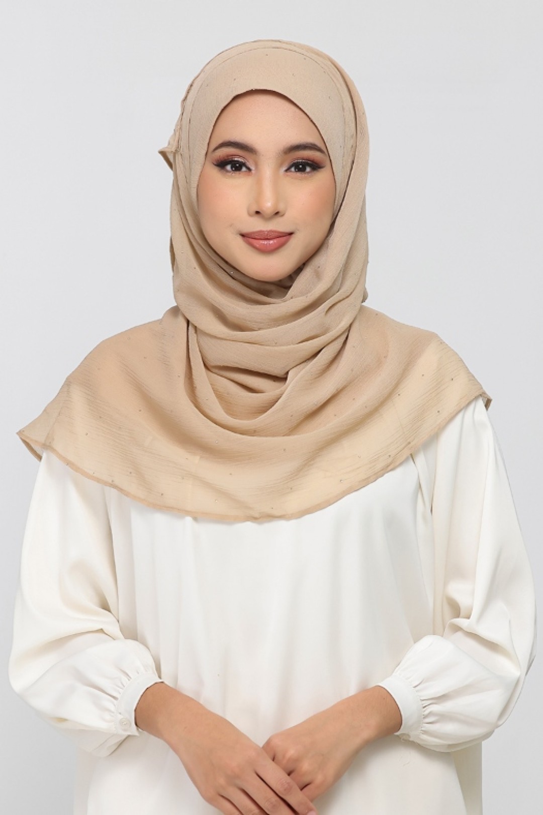 Neutral Beige - Plain Crinkled Chiffon Crystals