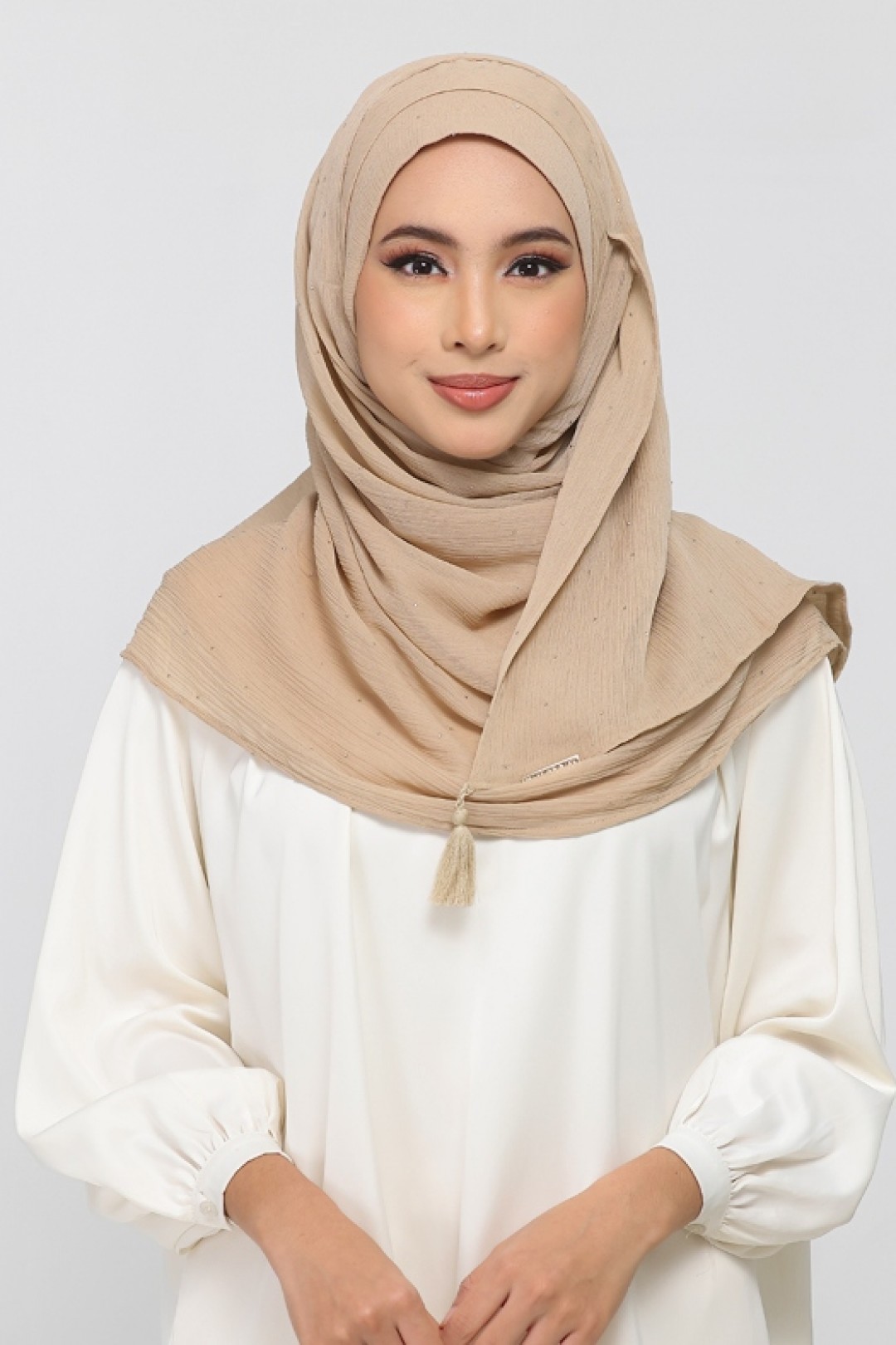 Neutral Beige - Plain Crinkled Chiffon Crystals