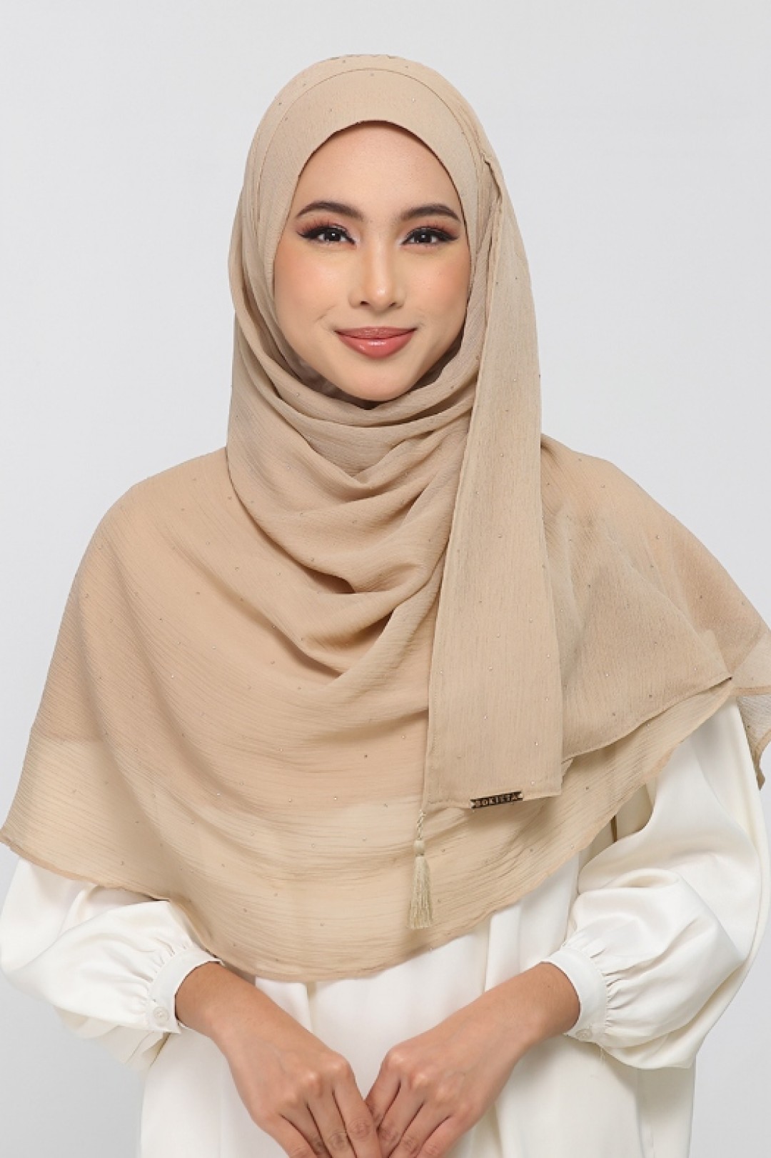 Neutral Beige - Plain Crinkled Chiffon Crystals