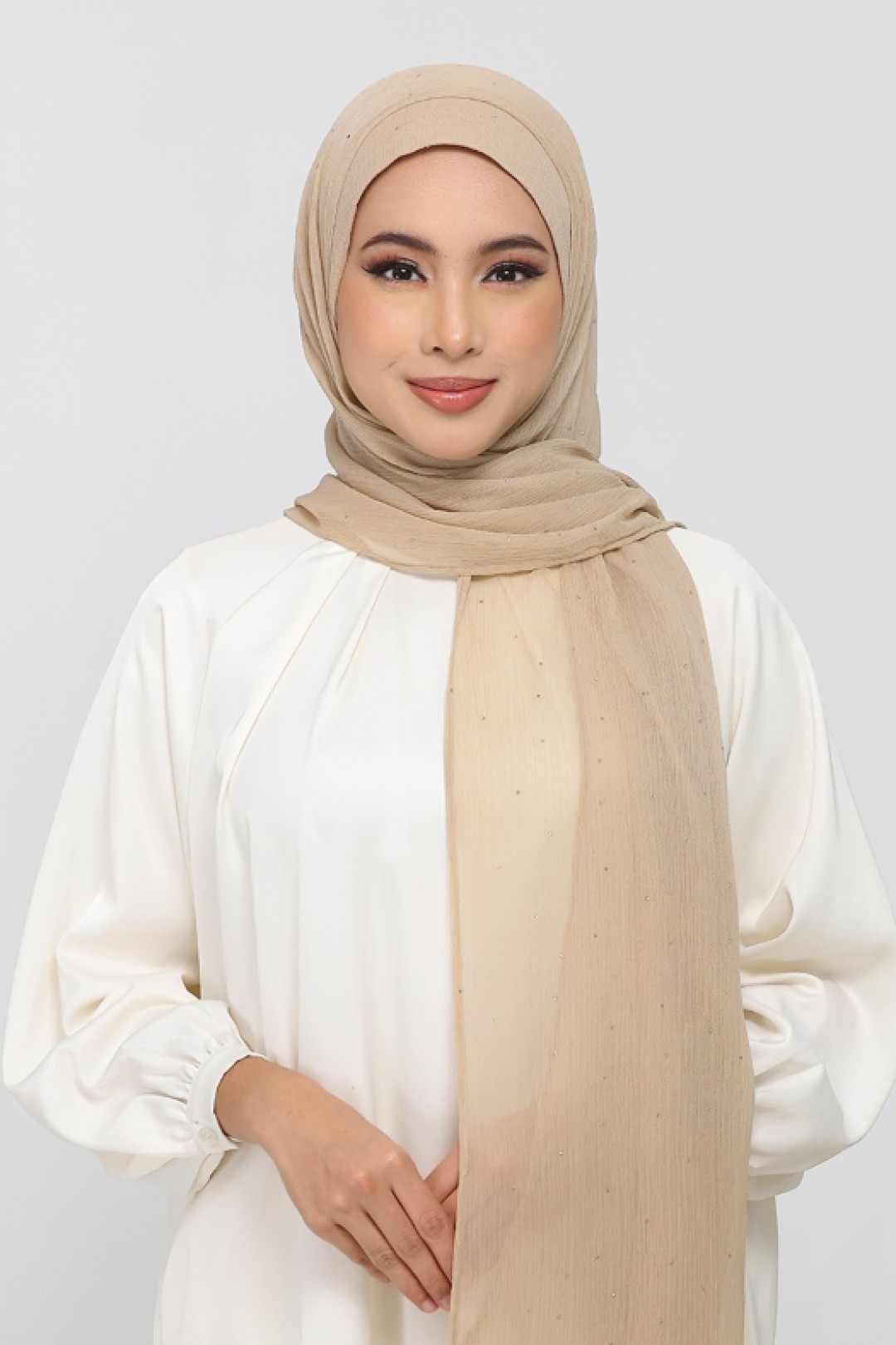 Neutral Beige - Plain Crinkled Chiffon Crystals