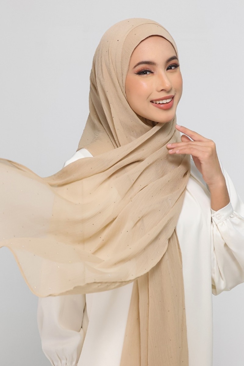 Neutral Beige - Plain Crinkled Chiffon Crystals
