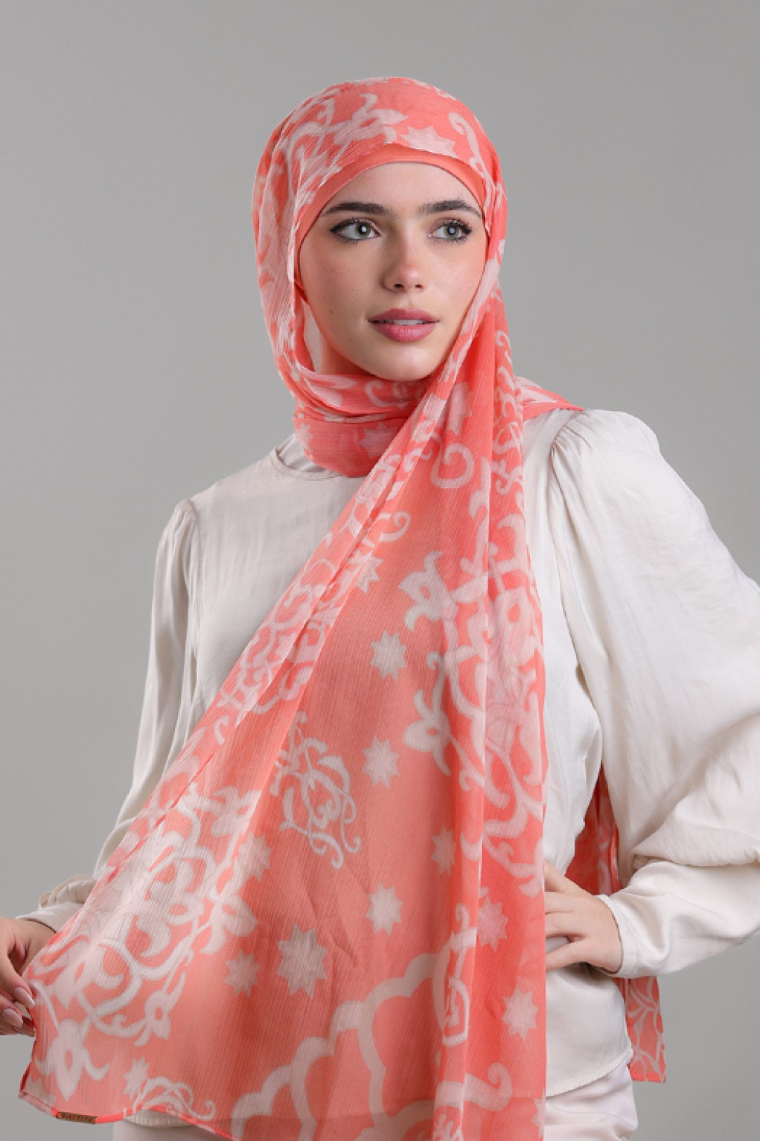 Putra Coral - Printed Plus Crinkled Chiffon