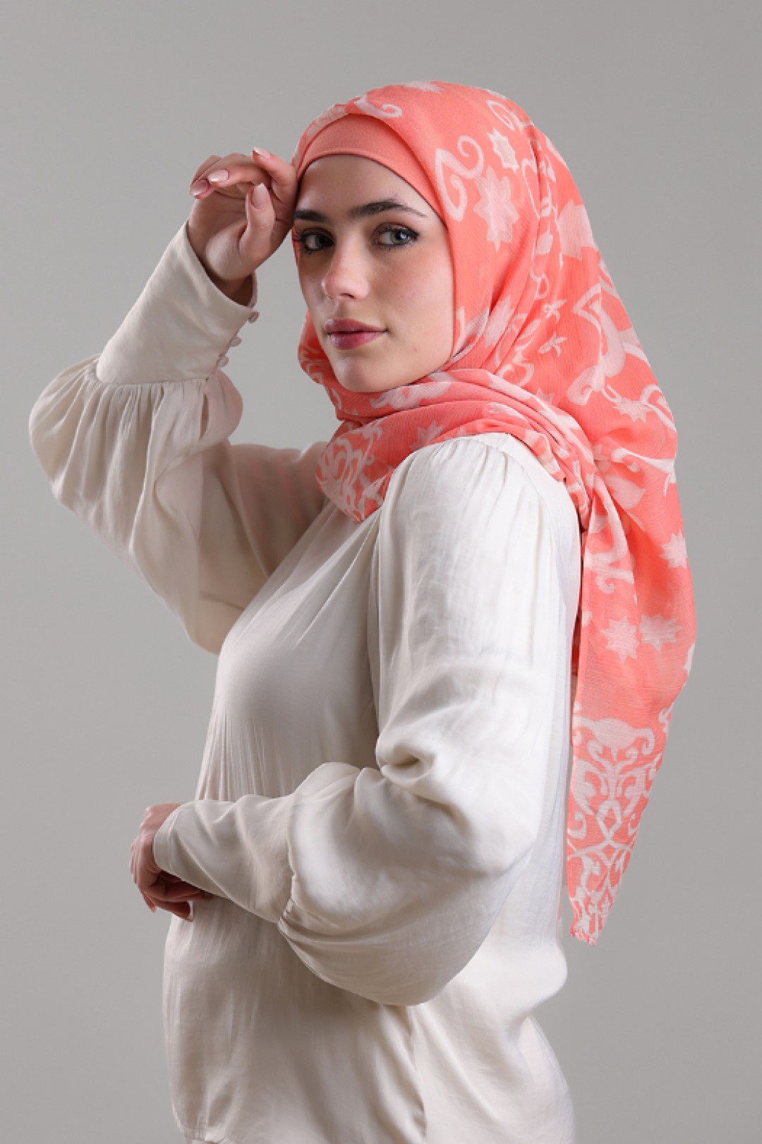 Putra Coral - Printed Plus Crinkled Chiffon
