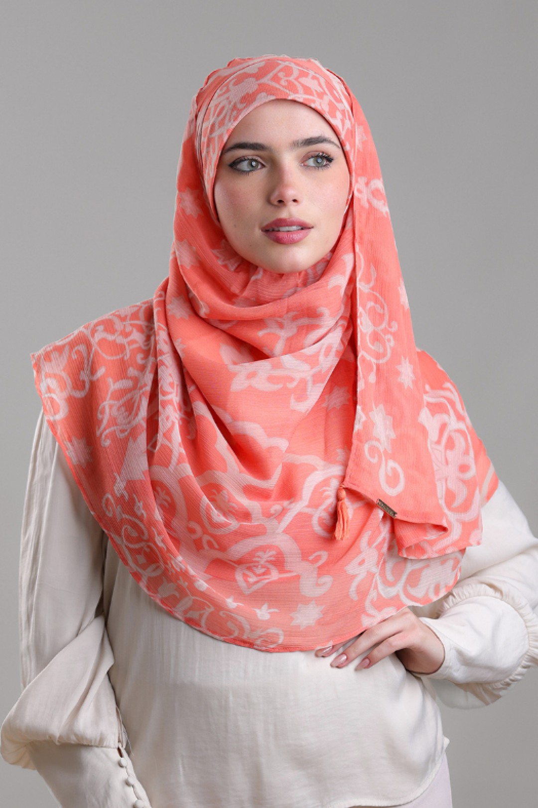Putra Coral - Printed Plus Crinkled Chiffon