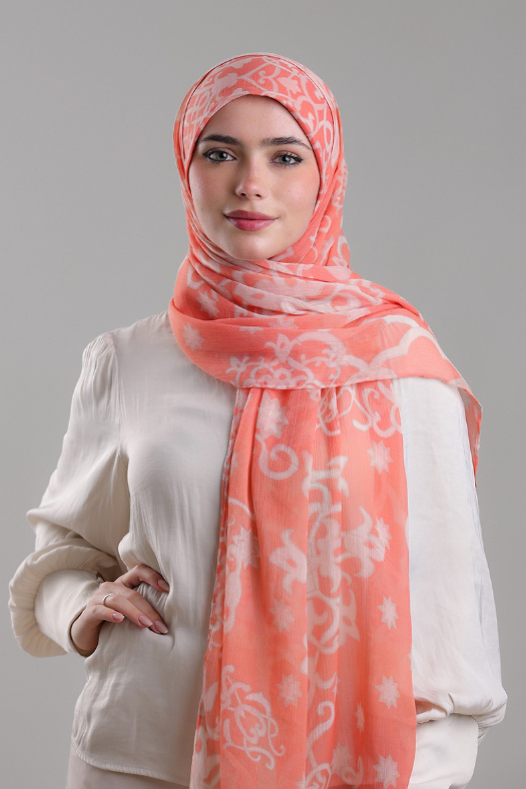 Putra Coral - Printed Plus Crinkled Chiffon