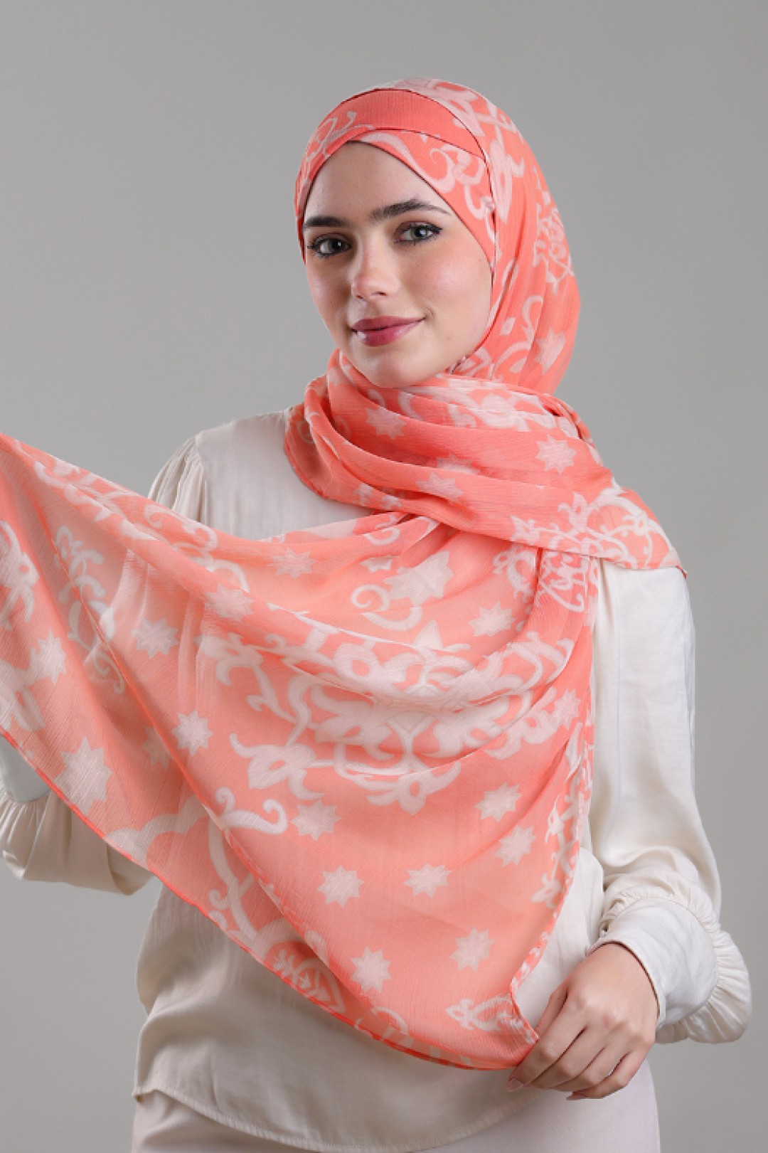 Putra Coral - Printed Plus Crinkled Chiffon