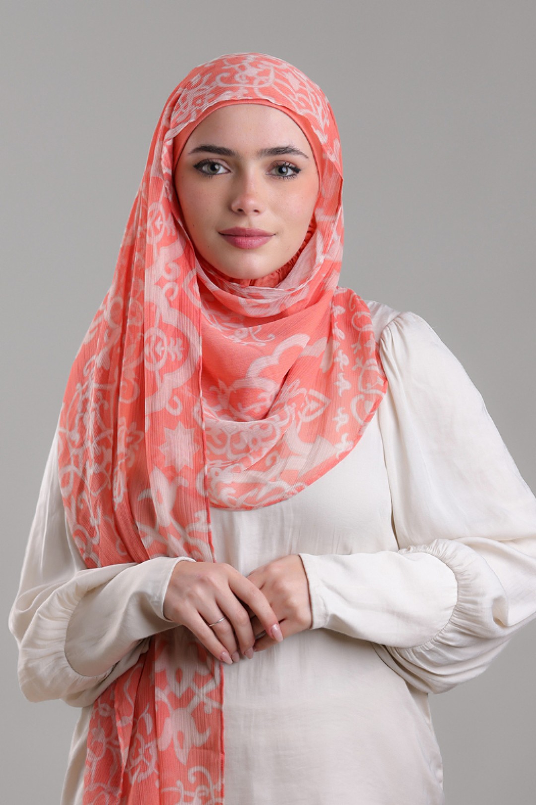 Putra Coral - Printed Plus Crinkled Chiffon