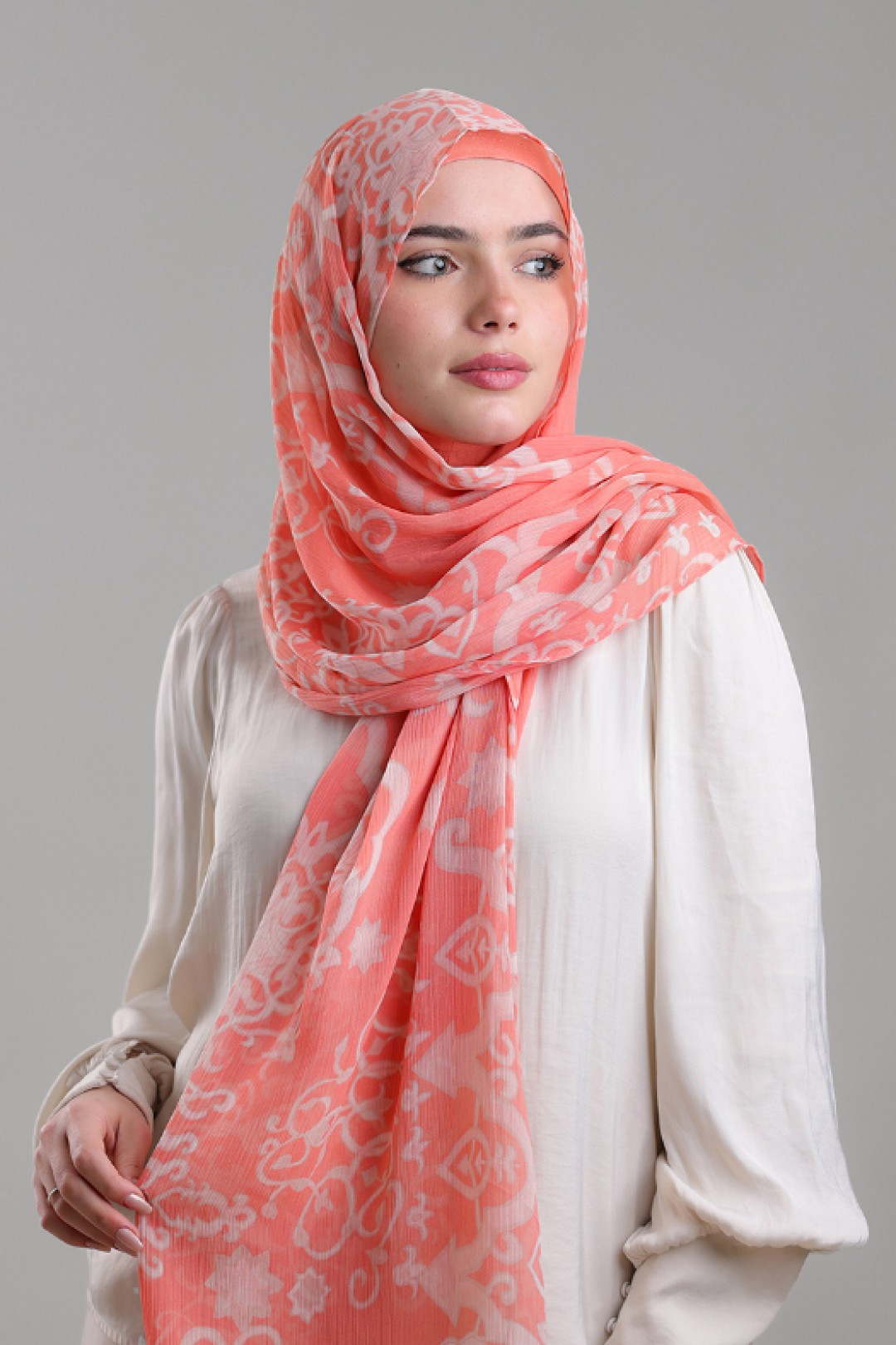 Putra Coral - Printed Plus Crinkled Chiffon