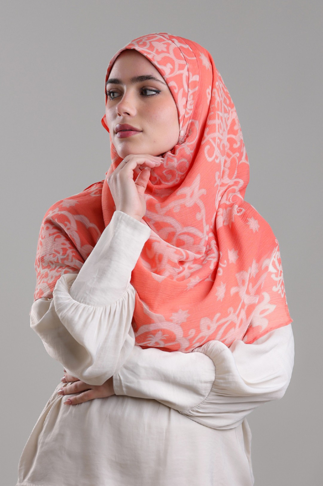 Putra Coral - Printed Plus Crinkled Chiffon