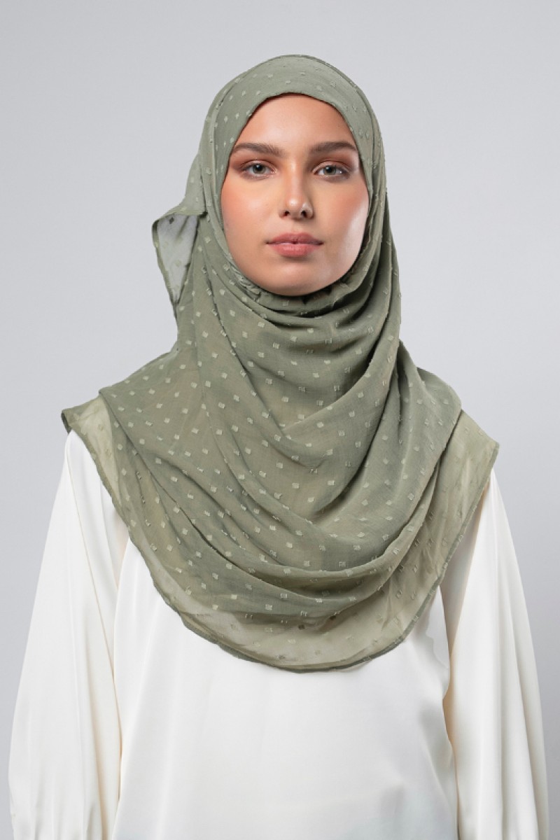 Army Green - Plain Mosaic Butti Chiffon