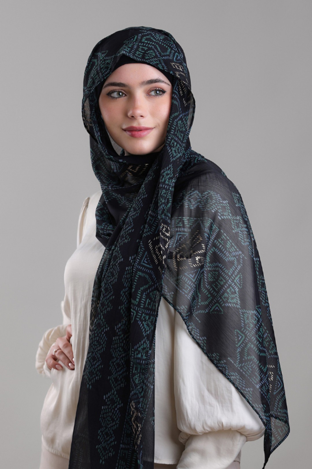 Bibi Khanym Black - Printed Plus Crinkled Chiffon with Foil