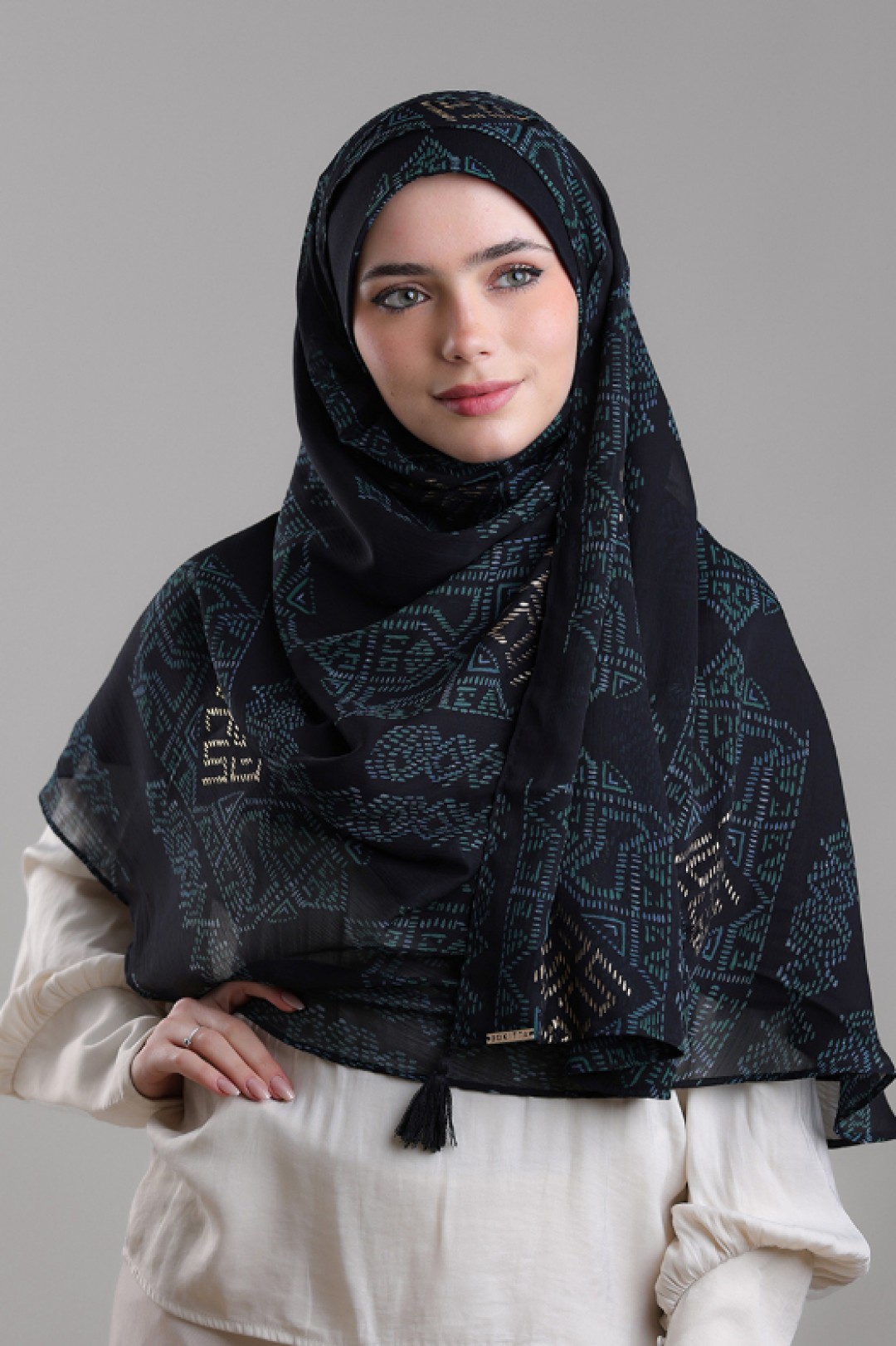 Bibi Khanym Black - Printed Plus Crinkled Chiffon with Foil