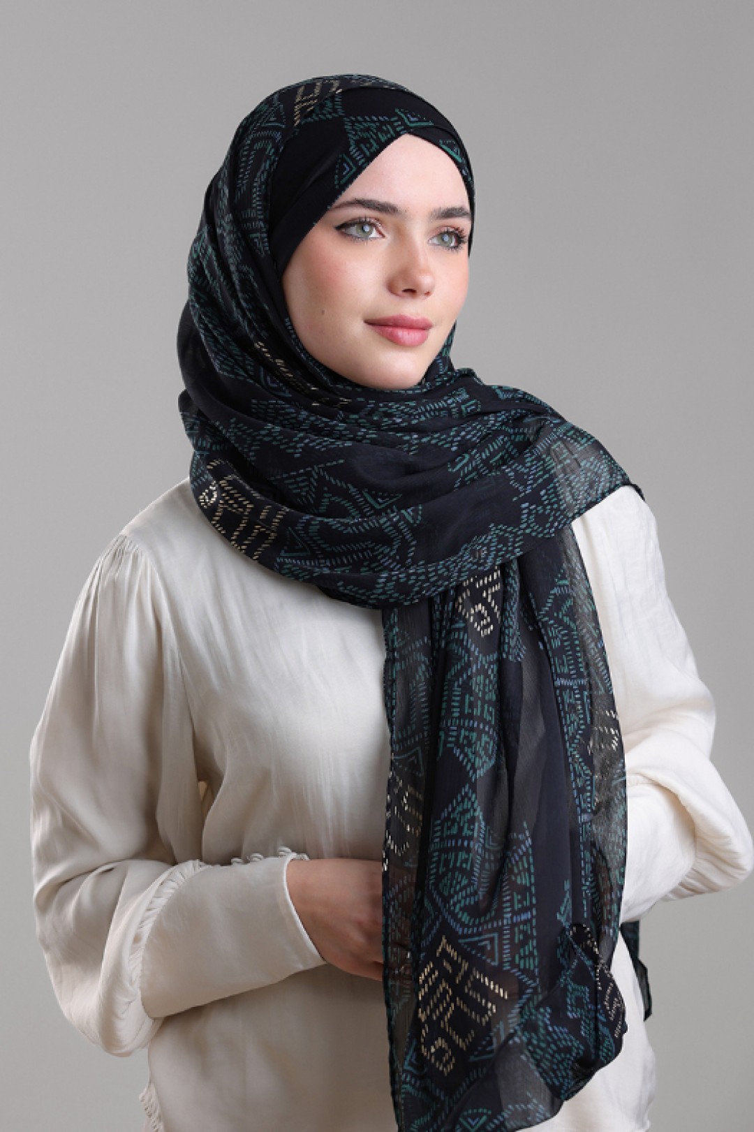 Bibi Khanym Black - Printed Plus Crinkled Chiffon with Foil