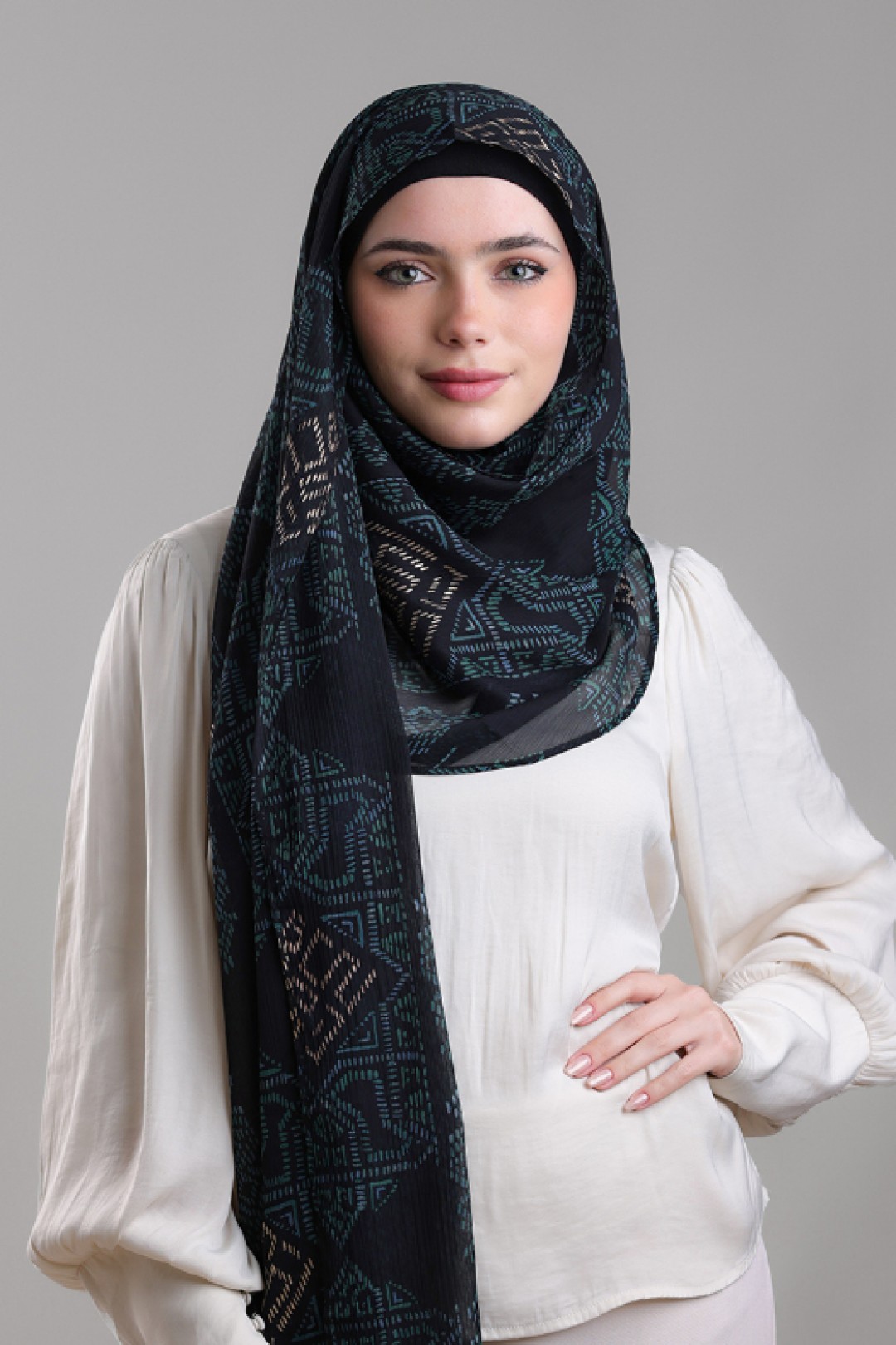 Bibi Khanym Black - Printed Plus Crinkled Chiffon with Foil