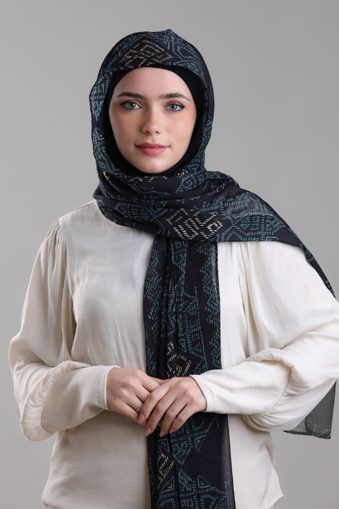 Bibi Khanym Black - Printed Plus Crinkled Chiffon with Foil
