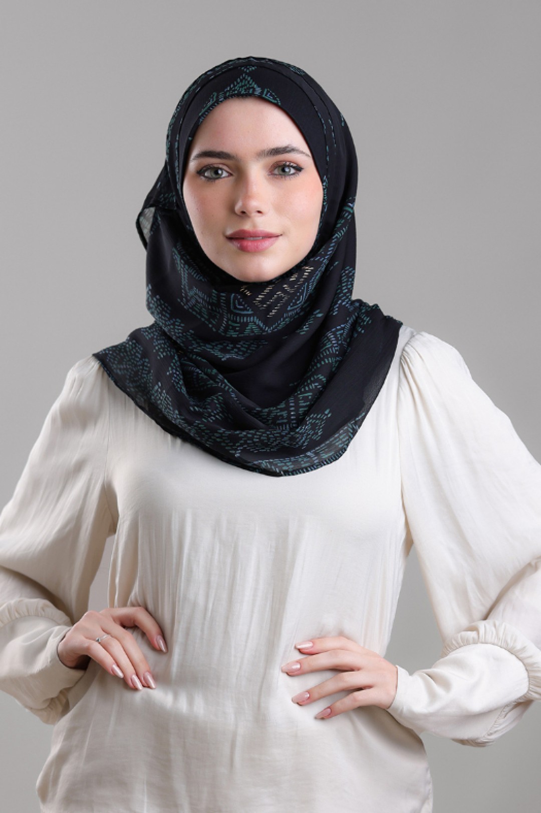 Bibi Khanym Black - Printed Plus Crinkled Chiffon with Foil
