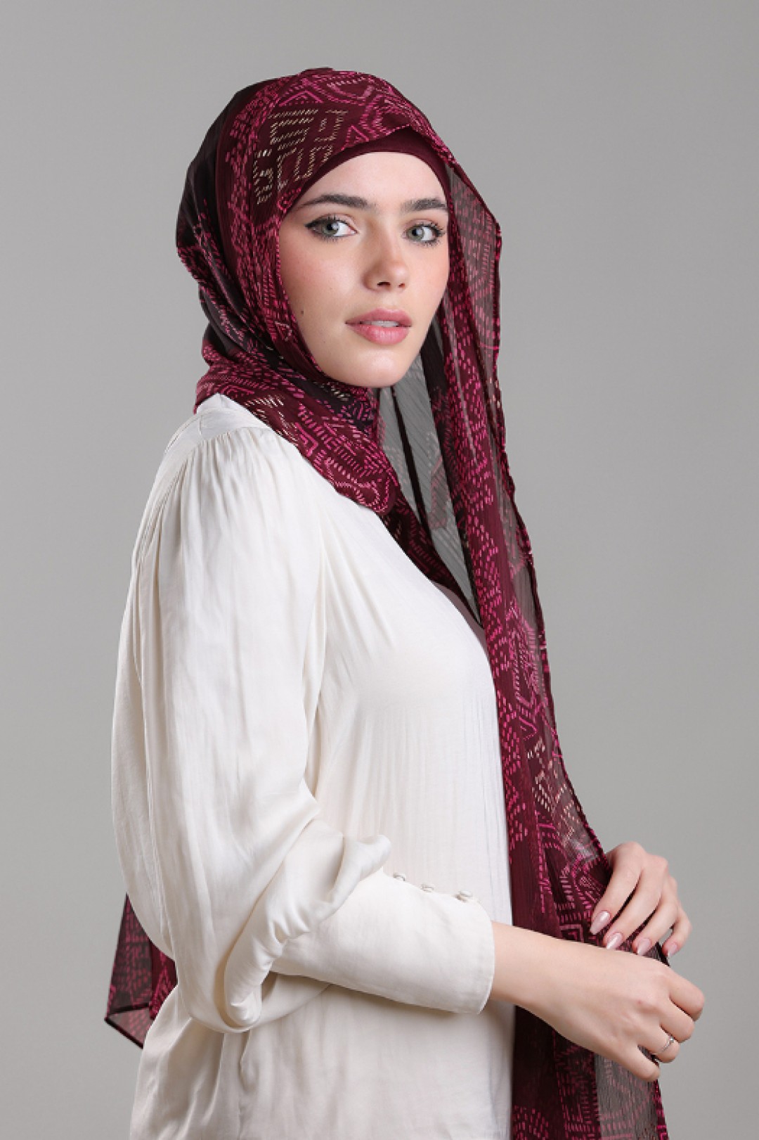Bibi Khanym Maroon - Printed Plus Crinkled Chiffon with Foil