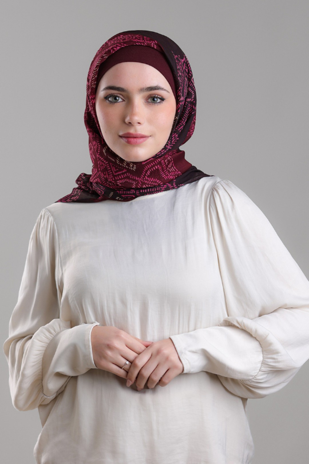 Bibi Khanym Maroon - Printed Plus Crinkled Chiffon with Foil