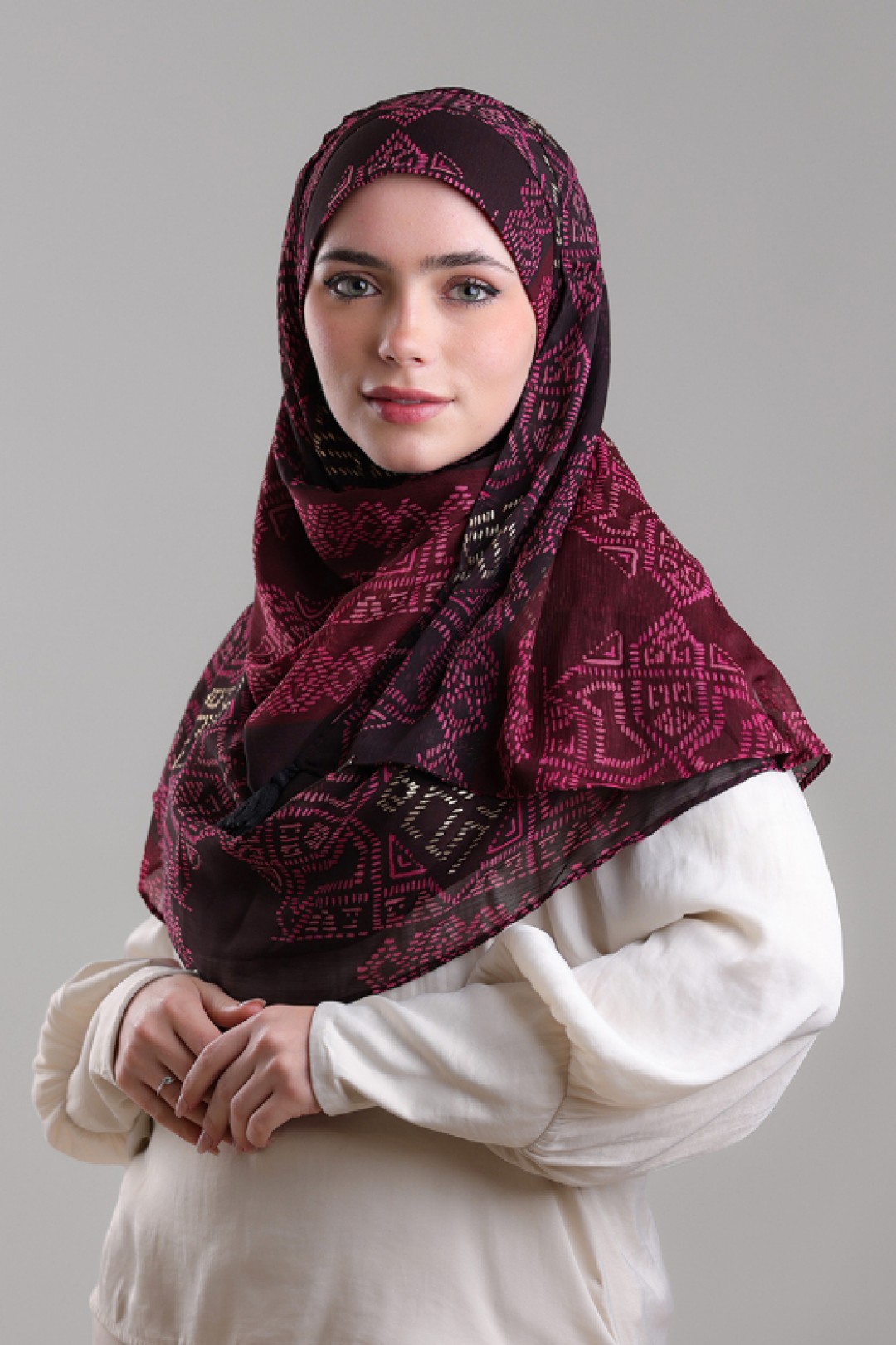Bibi Khanym Maroon - Printed Plus Crinkled Chiffon with Foil