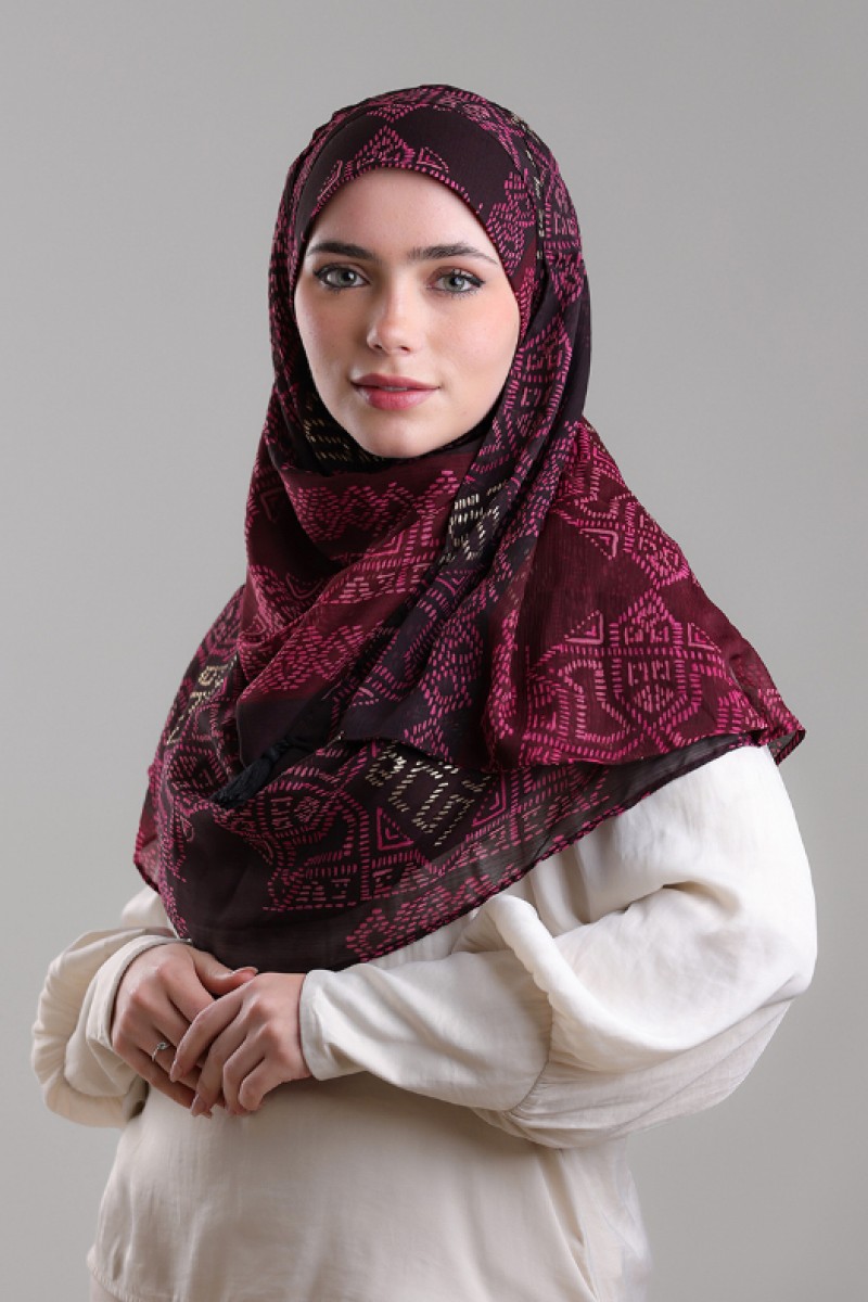 Bibi Khanym Maroon - Printed Plus Crinkled Chiffon with Foil