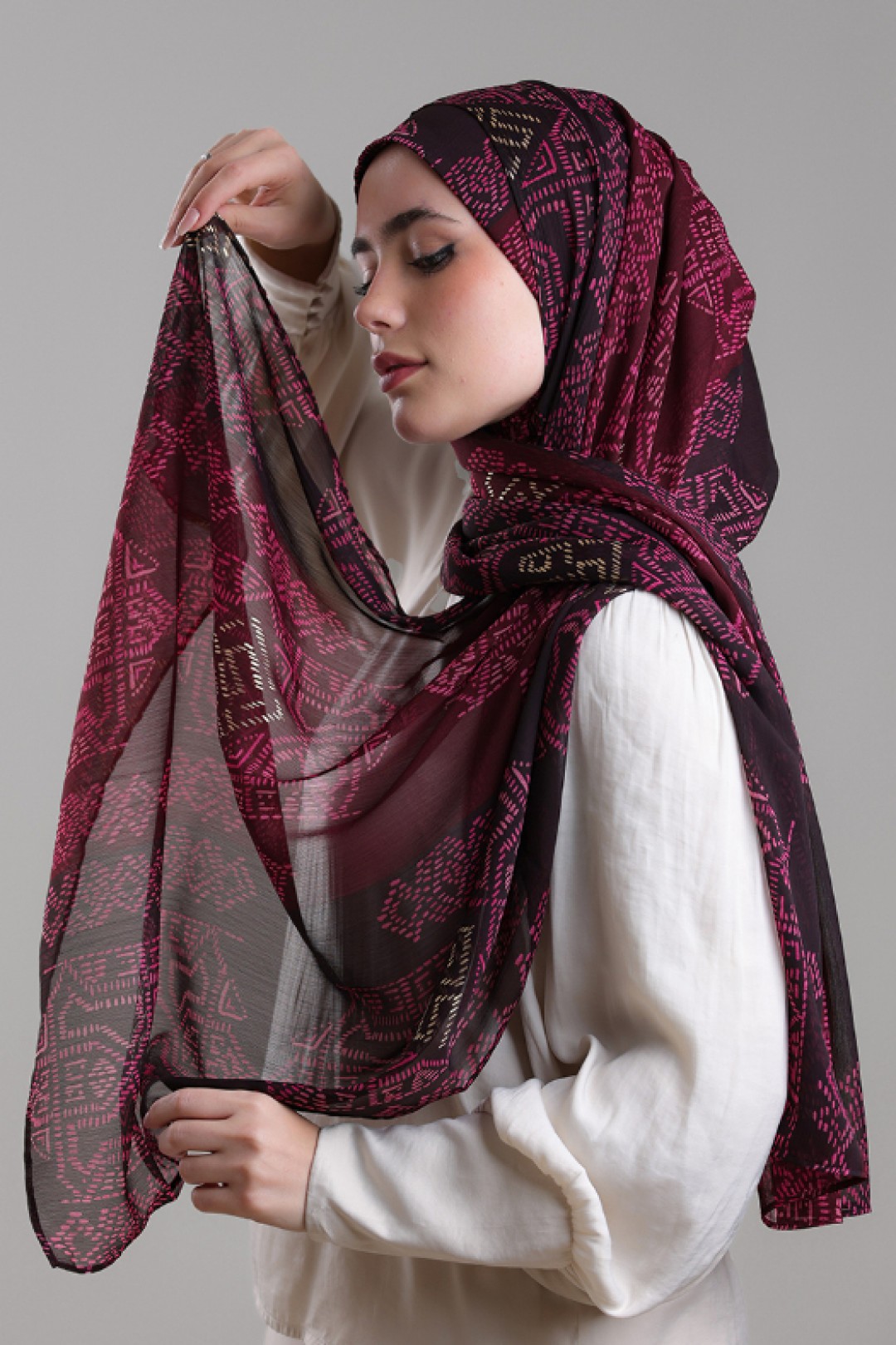 Bibi Khanym Maroon - Printed Plus Crinkled Chiffon with Foil